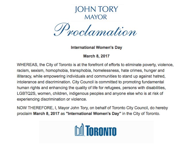 Proud to proclaim today #InternationalWomensDay in Toronto.