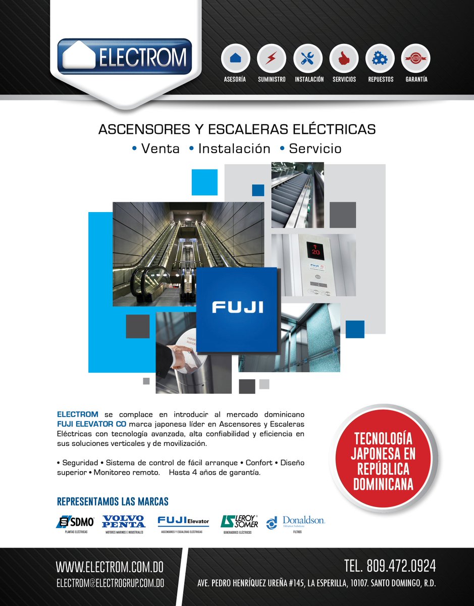 ElectromSAS's tweet photo. Nuevo en el mercado Dominicano Ascensores y Escalera eléctricas #FUJI con tecnología Japonesa.
#Electrom #Desde1981 #Ascensores #Escalera https://t.co/XFrIO2QyIa