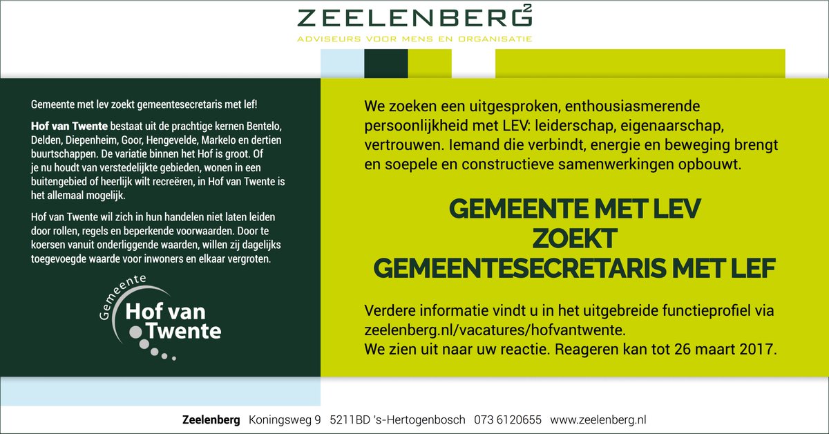 Wij zoeken een gemeentesecretaris met LEF. Kijk voor het volledige profiel op: zeelenberg.nl/vacatures/hofv… #vacature #werkenbijdeoverheid
