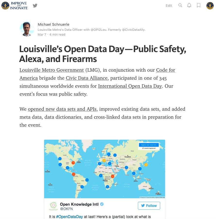 MichaelMobility's tweet image. See Louisville’s #OpenDataDay projects around public safety, Alexa, firearms and a recap of the day from @OPI2Lou. medium.com/louisville-met…