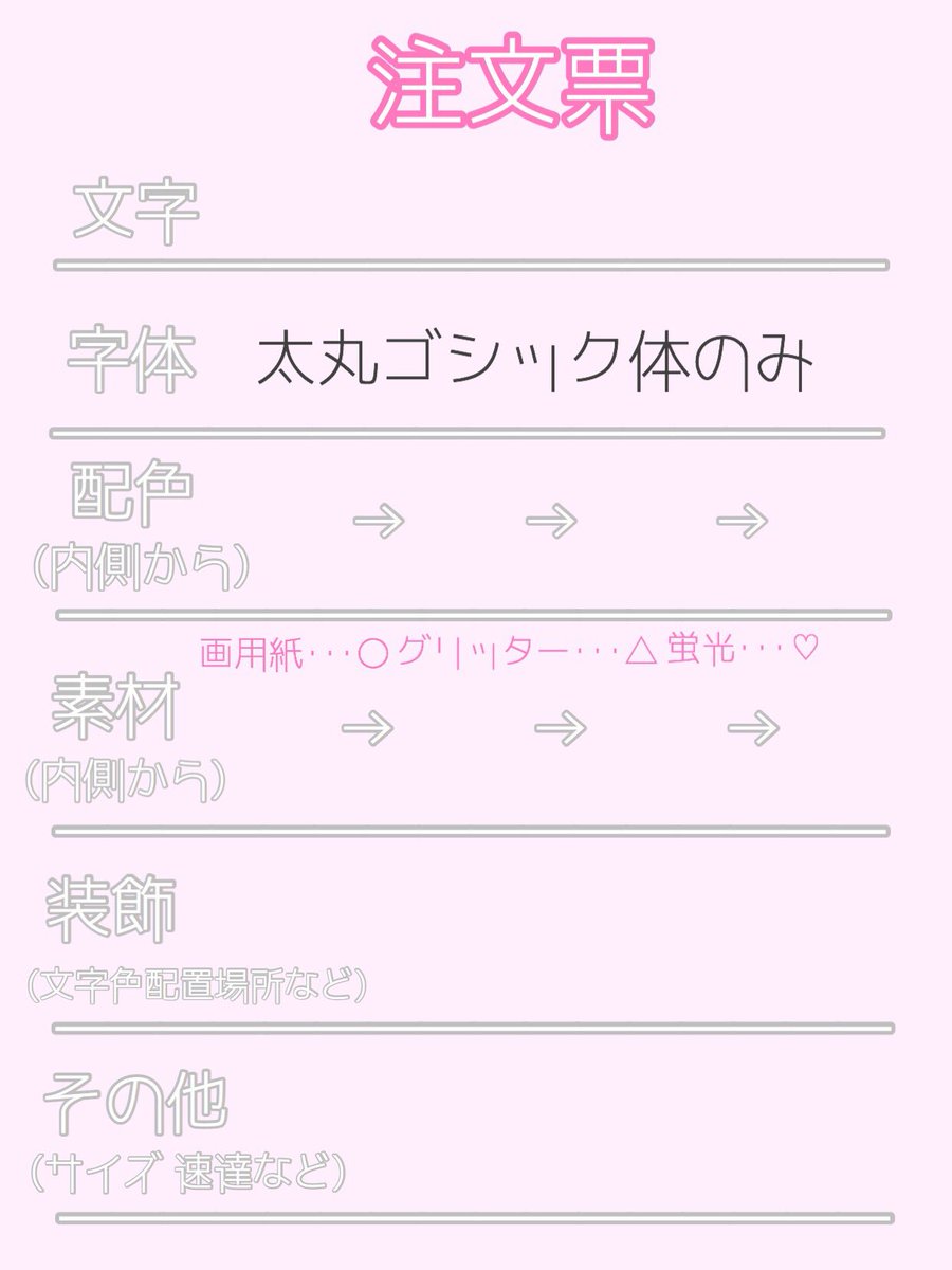 うちわ 団扇 屋さん オーダー例 文字 配色 文字から縁の順 装飾 ハート 星 ひらがな 漢字 数字 サイズ 使用日 その他 速達など フォントは 太丸ゴシック体のみ 支払い方法は ゆうちょ振込のみ 注文票か 直接dmへ上記を書きdm