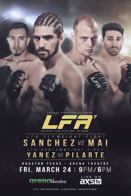 <a href="/LFAfighting/">LFA</a> comes home to #Houston with #LFA7: <a href="/LittleFury_MMA/">Roberto Sanchez</a> vs. <a href="/KlayMai/">Klayton Mai</a>

Friday, March 24th at <a href="/ArenaTheatre/">Arena Theatre</a>

rfafighting.com/lfa-comes-home…