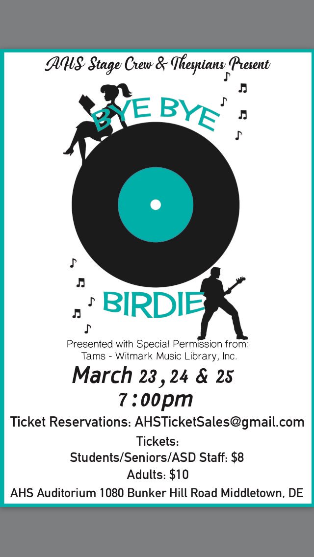 AppoHigh's tweet photo. AHS Presents Bye, Bye Birdie on March 23, 24, &amp; 25 @ 7 pm. Contact AHSTicketSales@gmail.com #AppoPride https://t.co/cTVB7C1ftd