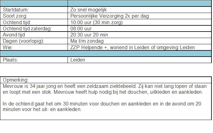 Gezocht ZZP-Helpende +, z.s.m. starten.