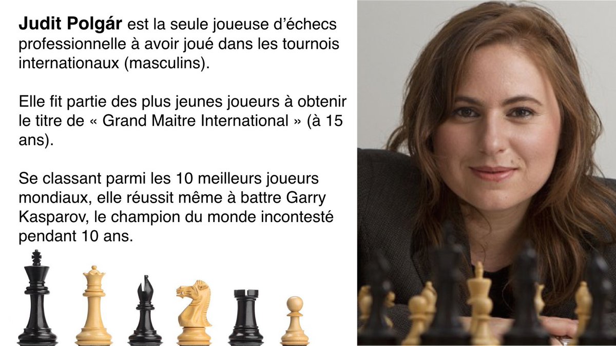 Judit Polgár, seule joueuse d'échecs à concourir dans les tournois internationaux (masculins).
#JourneeDesDroitsDesFemmes #JIDF #JDF2017