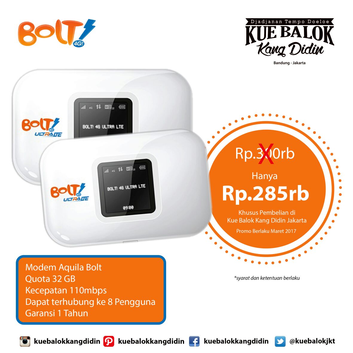 KueBalokJKT's tweet photo. Aquila Bolt Modem 4G only Rp.285rb @KueBalokJKT #bolt #modem #bolt4g https://t.co/9oojzkDnt9