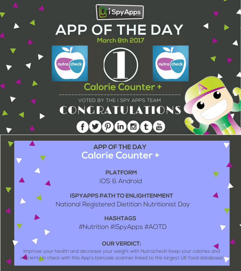 iSpyAppsdine's tweet photo. Congratulations @Nutracheck - your App has been chosen for #AppOfTheDay! Scan barcodes to keep track of your calories and key nutrients! https://t.co/nDrAm7A2gt