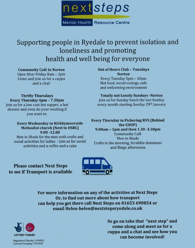 pickering_tc's tweet photo. Help for lonely and isolated people in Ryedale - open to all, not just the elderly.  Next Steps https://t.co/rRw8TuFyko 01653 690854. https://t.co/ypNPsAiqGG