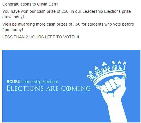 BCUSU's tweet photo. LESS THAN 2 HOURS LEFT TO VOTE! 

To be in with the chance to win £50, vote now at: https://t.co/Ucze0w9Fee

#Represent! #GetSetToStand https://t.co/h0SHtZtyqI