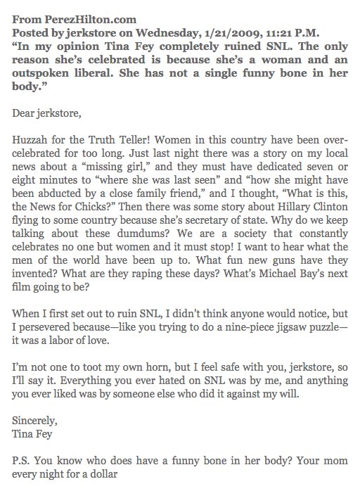 LettersOfNote's tweet image. Tina Fey responds to an online commenter. #InternationalWomensDay