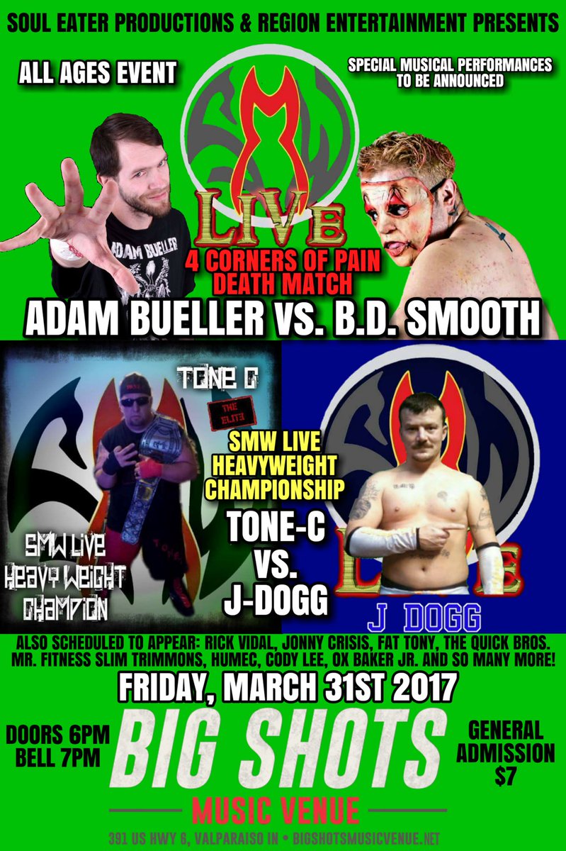 SMWLive's tweet photo. March 31, Big Shots, Valpo IN
#Deathmatch
#SMWLive #HeavyweightTitleFight 
#AllAges
@adambueller @BrandonDubbz @Tonec69 @NewKliq https://t.co/QtZERn9wM5