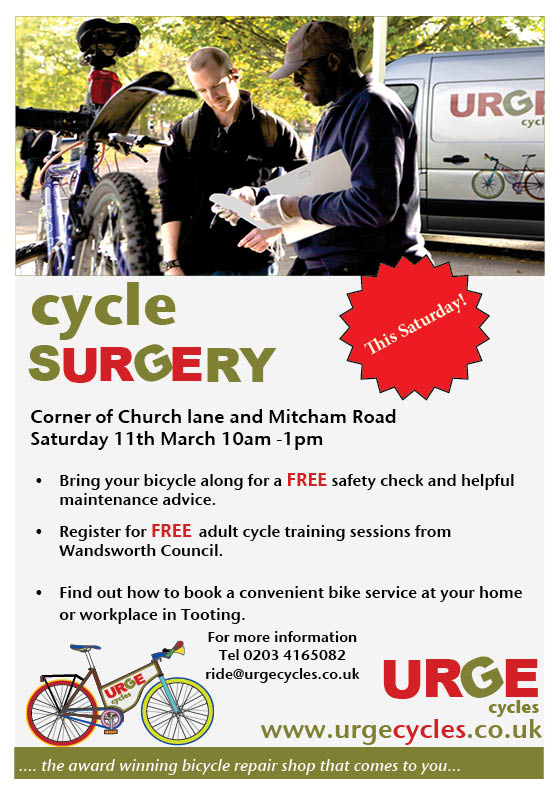 URGEcycles's tweet photo. @TootingTown Spring onto action Tooting! Get those wheels rolling - Bring your bike for a FREE cycle safety check this Saturday 10-1pm. https://t.co/qGRKBcnCwF