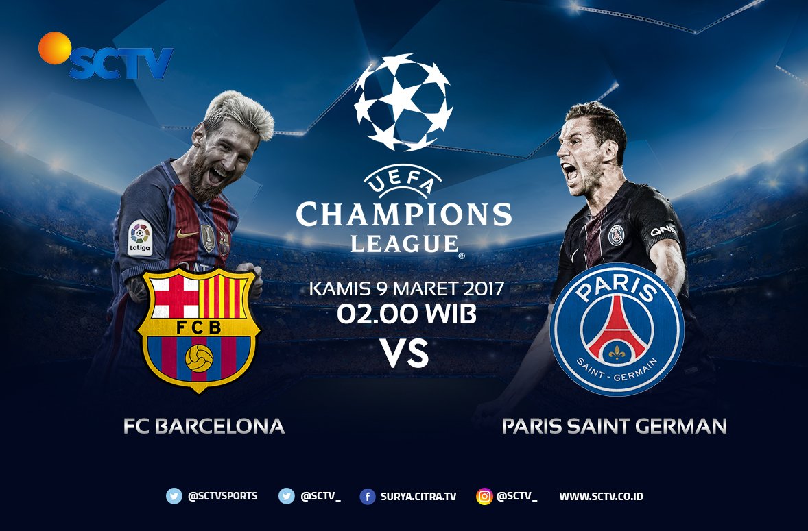 SCTV's tweet image. Jangan lewatkan pertandingan #UCLSCTV FC Barcelona vs Paris Saint Germain Kamis dini hari nanti mulai pkl 02.00 WIB