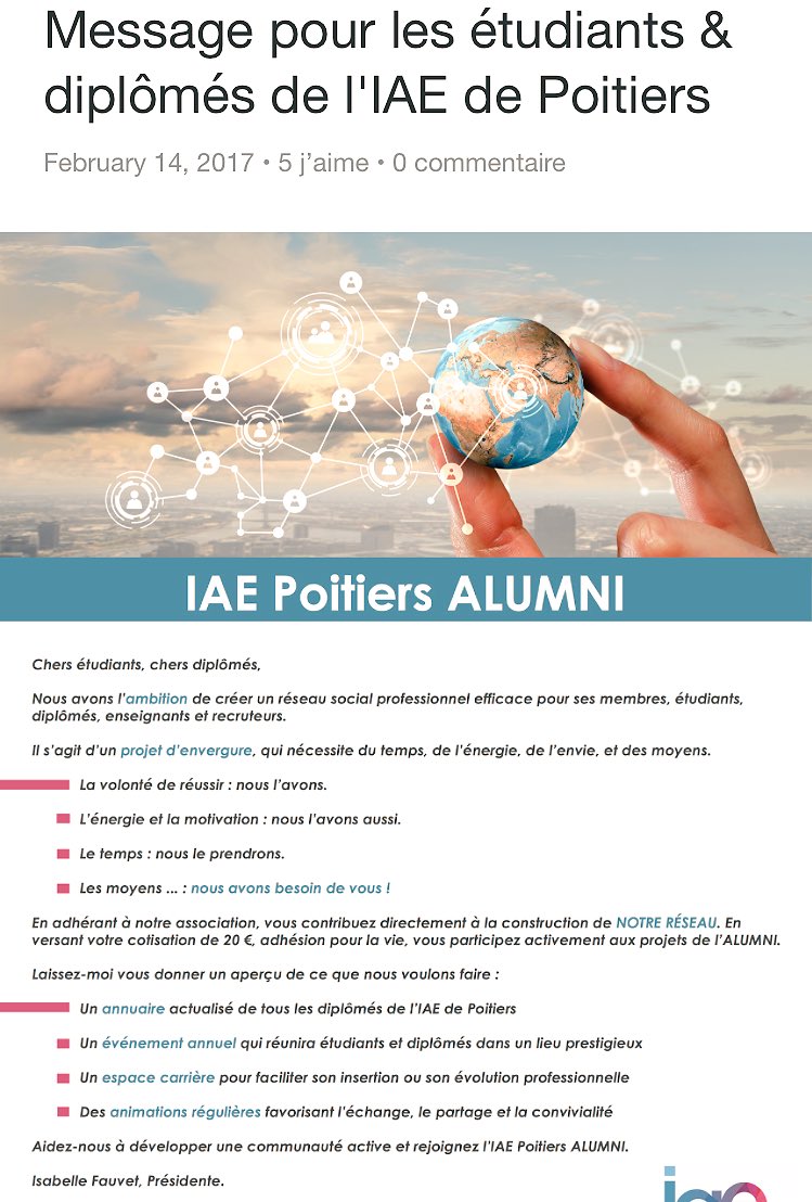 <a href="/Alumni_IAE86/">IAE Poitiers ALUMNI</a> : un partenariat en développement. Découvrez leur projet et pourquoi pas adhérer ! ⏭ linkedin.com/pulse/message-…