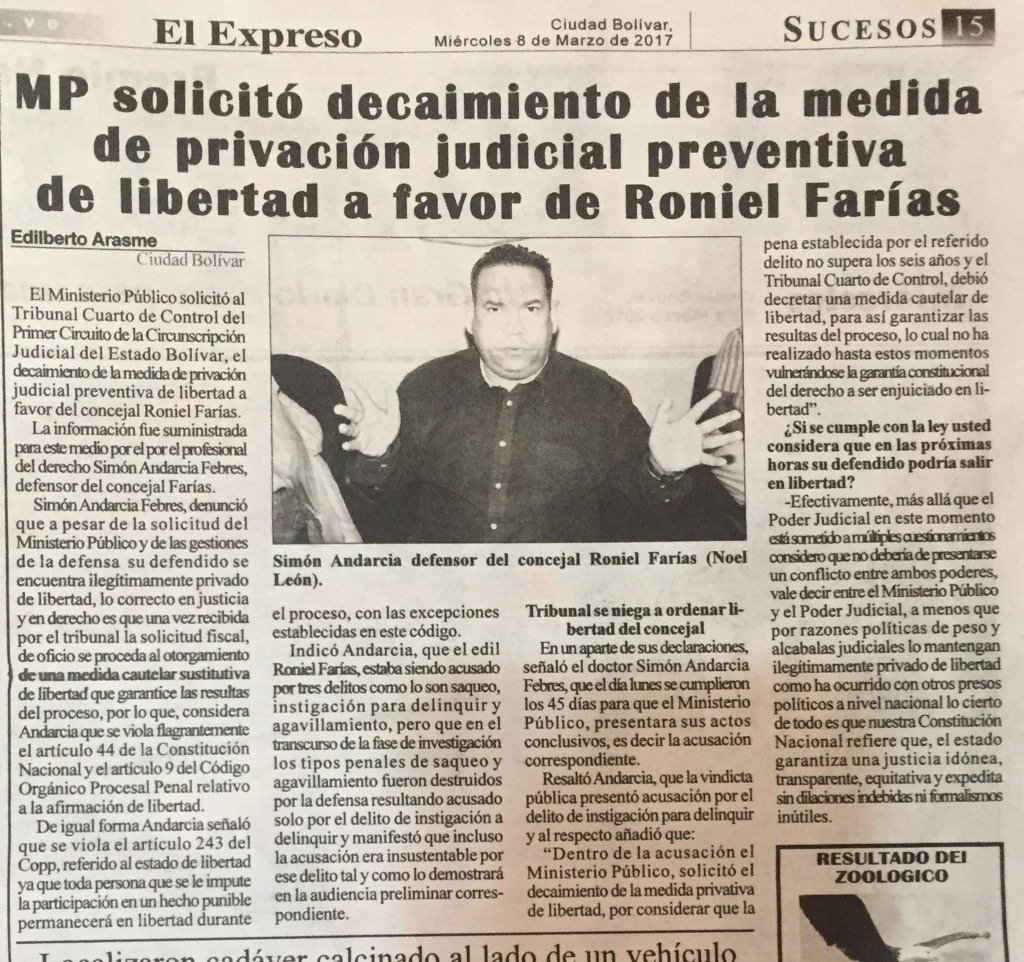 AndarciaFebres's tweet photo. Ante el decaimiento de la medida privativa de Roniel farias exigimos que el Trib.4 de control decrete la cautelar ya https://t.co/fnCojTyJpy
