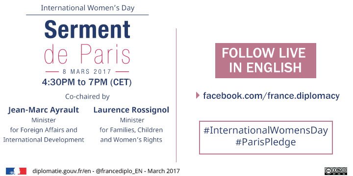 francediplo_EN's tweet photo. #InternationalWomensDay: we'll be live from 4:30PM on https://t.co/kl2n4ZqGYj, with @fhollande @jeanmarcayrault & @laurossignol #ParisPledge https://t.co/TgOiOkrOli