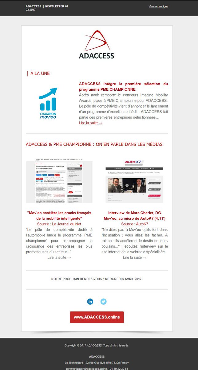 La Newsletter #6 ADACCESS est en ligne ! A la une : ADACCESS sélectionné au programme PME Championne @pole_moveo > bit.ly/2mB5yEc