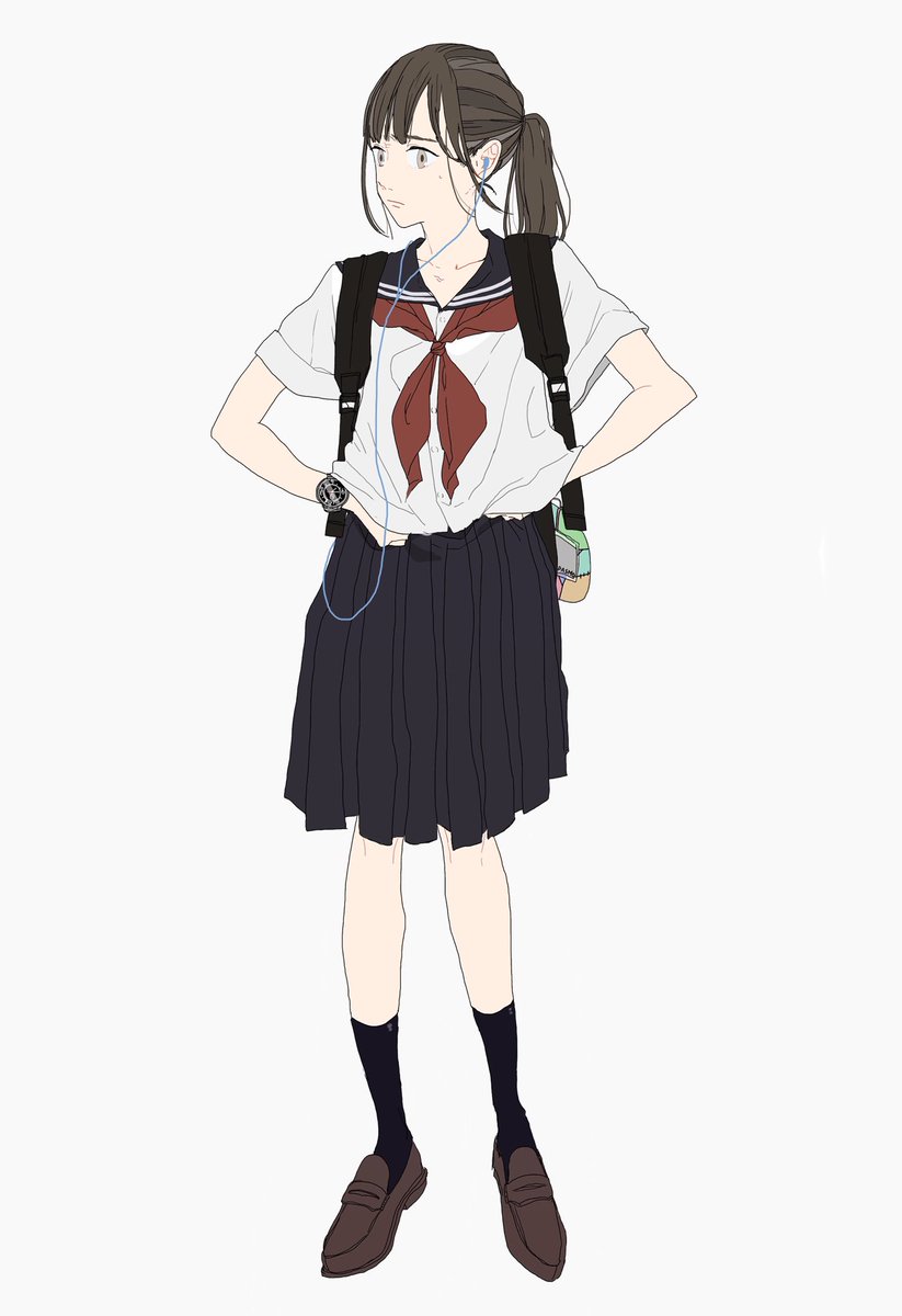 1girl solo skirt red neckerchief simple background school uniform shoes  illustration images