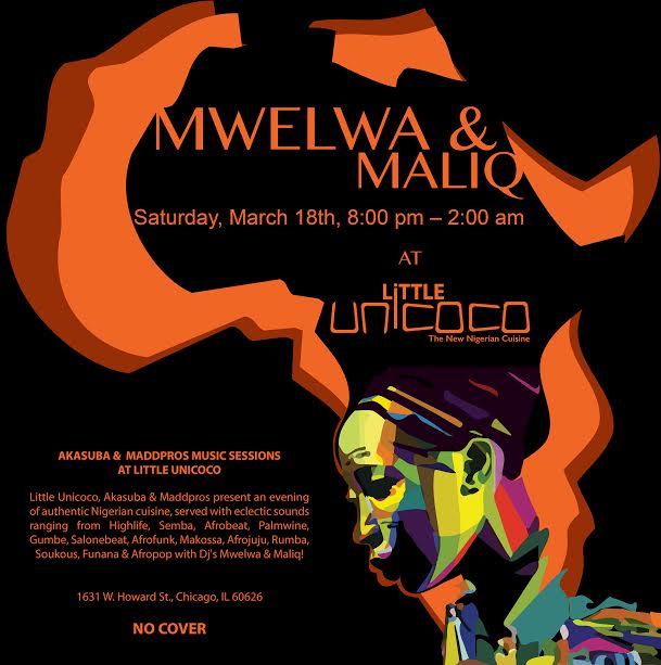 Akasuba's tweet photo. Saturday, 18 March. Music Sessions @LittleUnicoco with @Akasuba  @obiora! 1631 W. Howard St. 8pm-2am. No Cover. #saturdaynight #globalvibes https://t.co/HJ5qrzlkoU