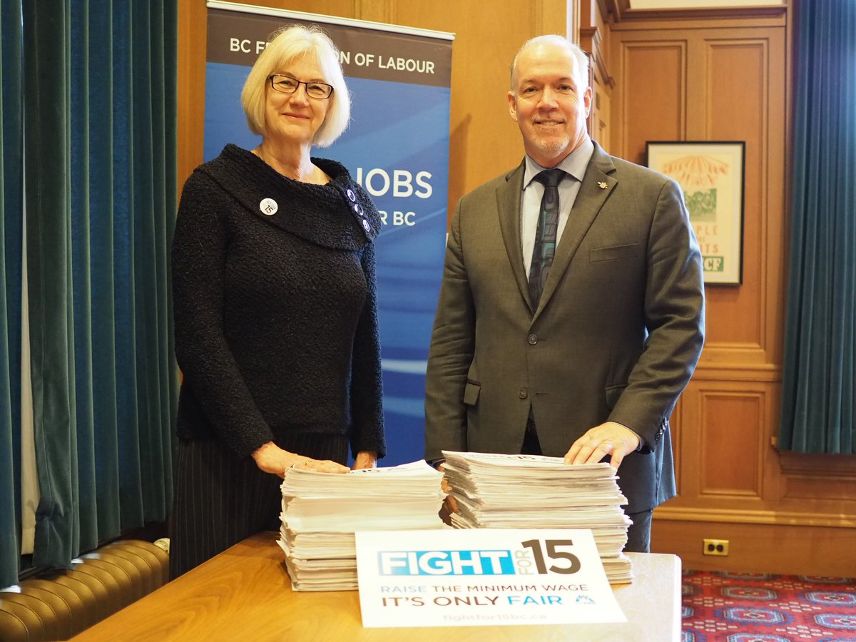 bcfed's tweet photo. Today the Leader of the Opposition presented our 56,600 petition signatures in the Legislature calling for a $15 per hour minimum wage. https://t.co/VcWQSpP47G
