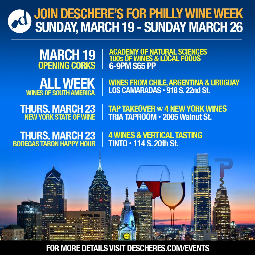 descheresWS's tweet photo. @phillywineweek, starts this Sunday! We've got great tasting events set up around the city! #WineWednesday @phillystylezine @AcadNatSci https://t.co/QPUoyo1X9C
