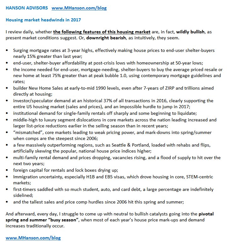 MrMarkHanson's tweet photo. HANSON, HOUSING 2017: HEADWINDS as I see them about to hit. Remember, data &amp; earnings in '17 have largely been from last years activity https://t.co/332kR0YLvY