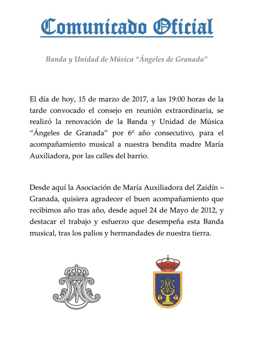 COMUNICADO OFICIAL - BANDA Y UNIDAD DE MÚSICA "ÁNGELES DE GRANADA"