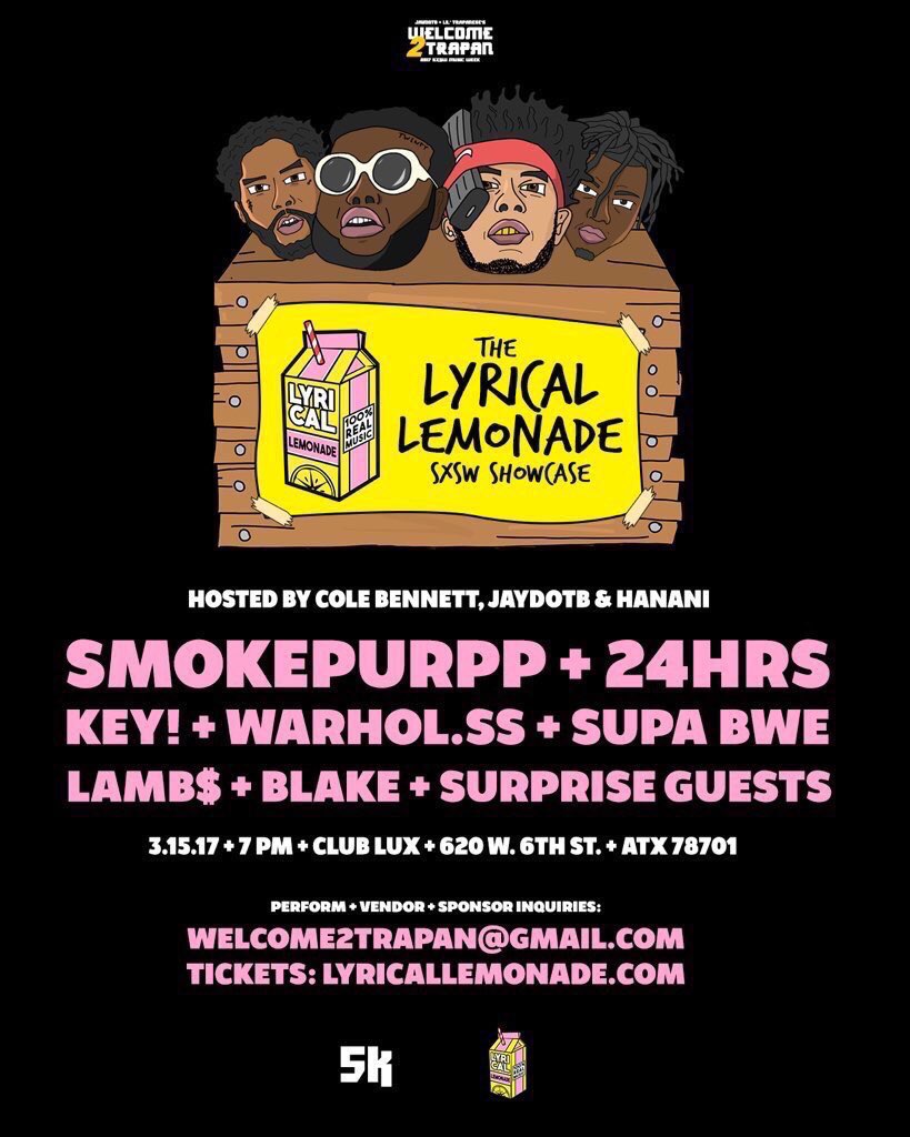 WhoaCo's tweet photo. QUICK CONTEST

RT for a chance to win 2 free tickets to this fire af Lyrical Lemonade showcase tonight. 

Drawing a winner at 6pm. 

#SXSW https://t.co/dS1aJthYF4