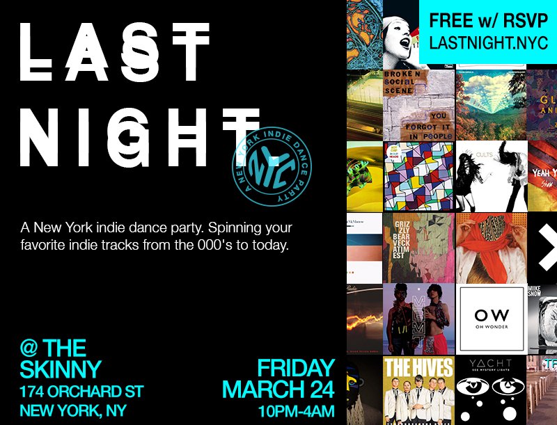JGraynor's tweet photo. .@LastNightNYC - a new indie dance party, spinning indie jams from 000's to today. RSVP -> https://t.co/zGVdrcDogp #WhatHappenedLastNight https://t.co/2qCbWm8Kj3