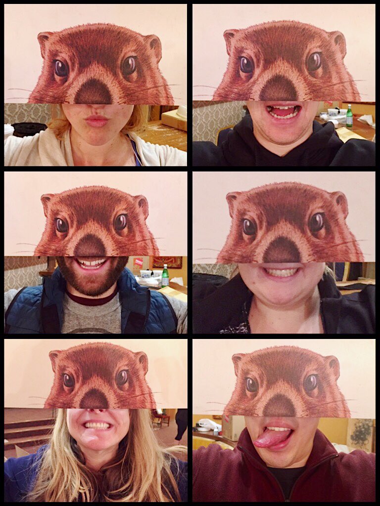 raymondjlee's tweet photo. Guess which cast member is under which groundhog! #GroundhogDay #FinalTechDay https://t.co/tABM6oXD2A