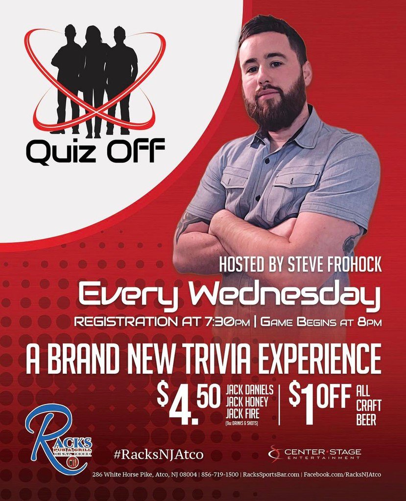 CSBarGames's tweet image. Trivia resumes tonight at Racks Atco.  Registration at 7:30, game begins at 8:00! Steve is back!!