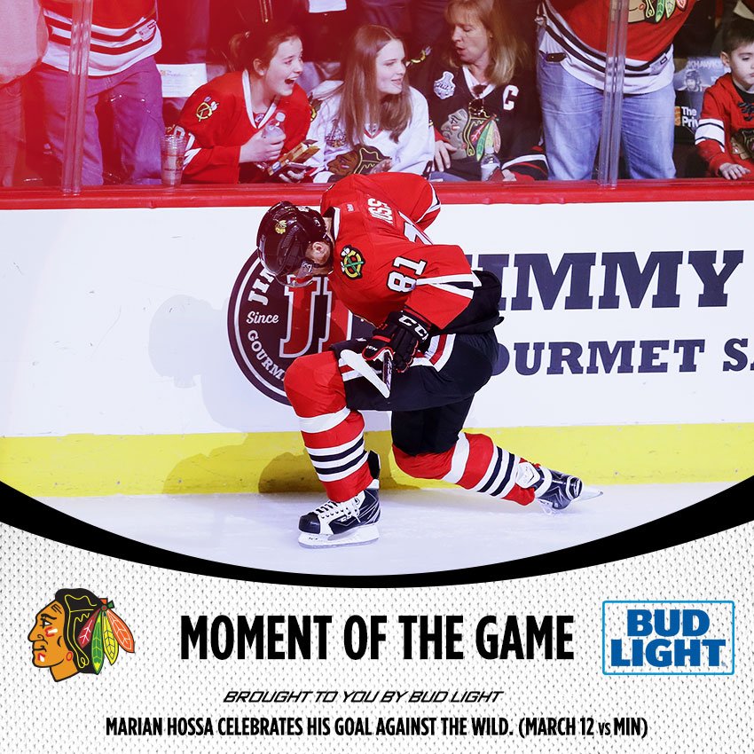NHLBlackhawks's tweet photo. Hossa's celly after his big third-period goal against Minnesota is this week's @budlight Moment of the Game! #DemiGodStatus https://t.co/qD8vvniUBl