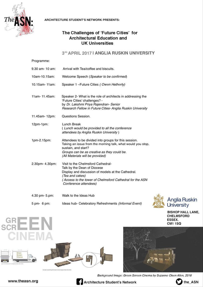 Reminder of the upcoming event ASN Anglia Ruskin University 3rd April #education #architecture #UK For more information just contact us