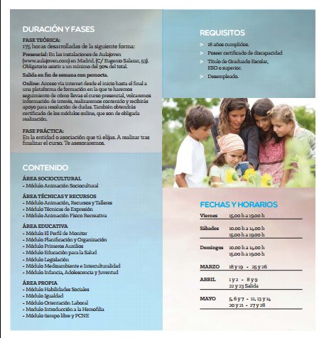 Curso gratuito y homologado de Monitor de Ocio y Tiempo Libre organizado por <a href="/fedhemo/">FEDHEMO - Hemofilia</a> para personas con diversidad funcional.