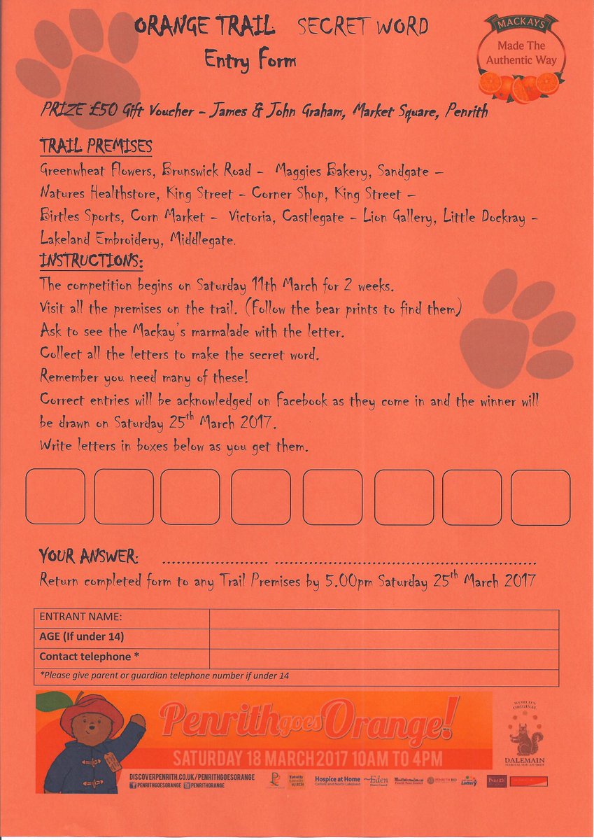 A sneaky bear has hidden marmalade round #Penrith with letters on jars. Find them all, reveal the secret word &amp; you could win £50 voucher