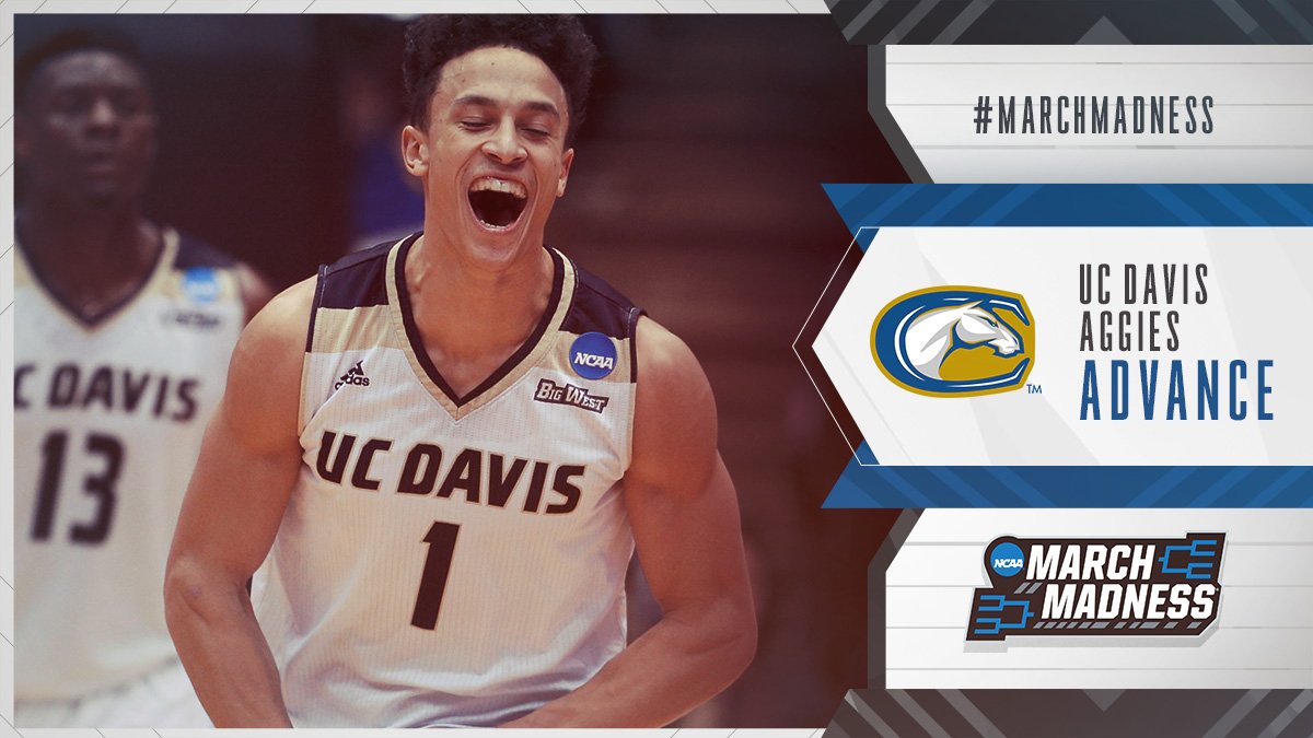 MarchMadnessMBB's tweet photo. Aggies advance!

In #MarchMadness debut, UC Davis defeats NC Central, 67-63, to set up first round game vs Kansas. #FirstFour https://t.co/AaMq5e2dpu