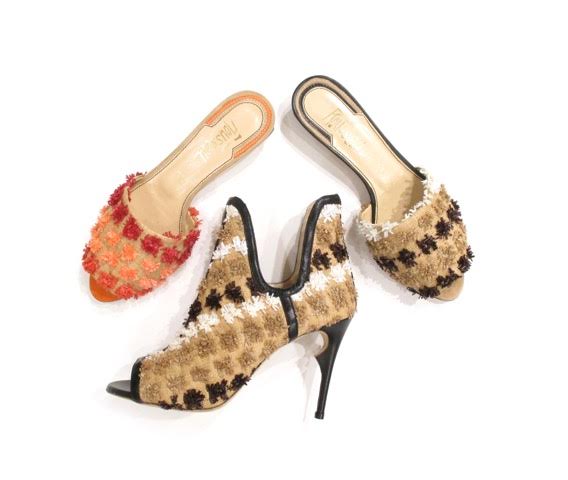 Pom-pom trimmed raffia slides and booties, new for Spring 17. Available from <a href="/tenderbham/">Tender Birmingham</a>.