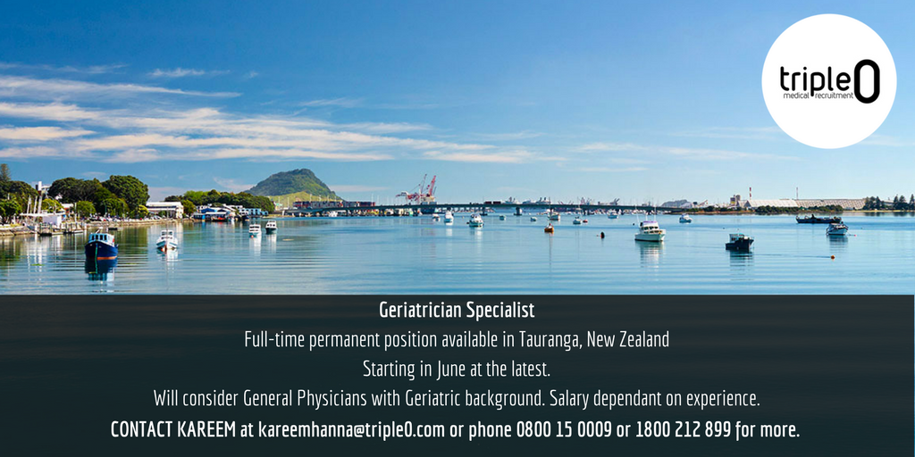 Triple0_Medical's tweet photo. JOB ALERT: Full time Geriatrician Specialist role available in Tauranga, Contact Kareem Hanna for more details. #geriatrics #doctors #job https://t.co/fS00JyziUQ