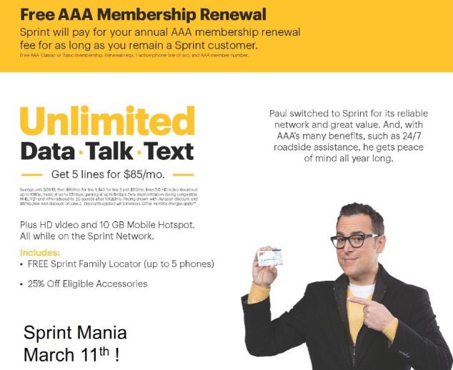 1009Oconnor's tweet photo. @AAAauto members- how would you like Sprint to pay your annual membership? Just another perk for our partners at AAA. Come see us this 3/11 https://t.co/WggK6bQEhs