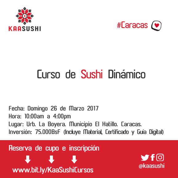 KaaSushi's tweet photo. #CursodeSushi Domingo 26 de Marzo. 

Más info e inscripción en https://t.co/pZOhZQc0iY 

#sushi #cursococina #Caracas https://t.co/oRmDKWgZvy
