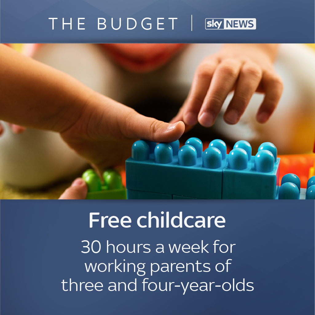 SkyNewsTonight's tweet photo. Measures announced in the #SpringBudget include 30 hours a week of free childcare #SNT https://t.co/FdTuM4OZew