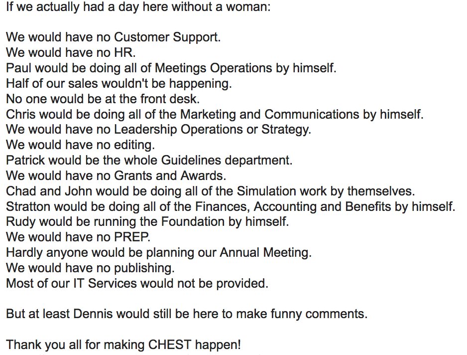 We've got a lot of women working at <a href="/accpchest/">CHEST</a>! Thanks to <a href="/robbhere/">Robb Rabito</a> for his shout out to the women at CHEST on #InternationalWomensDay