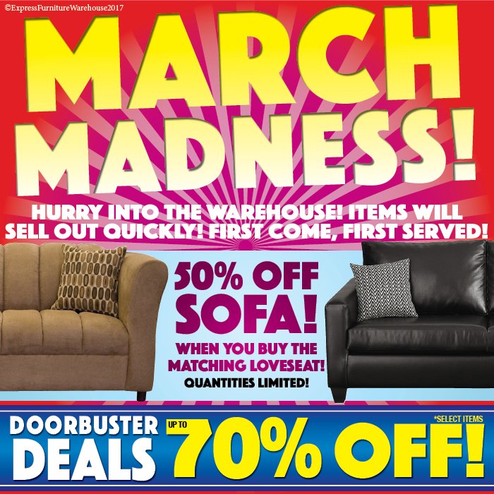 ShopEFW's tweet photo. Join us for our MARCH MADNESS EVENT! Get 50% OFF a SOFA when you purchase the matching loveseat! (select sets only) Quantities Limited! https://t.co/9V2UbzYZ2b