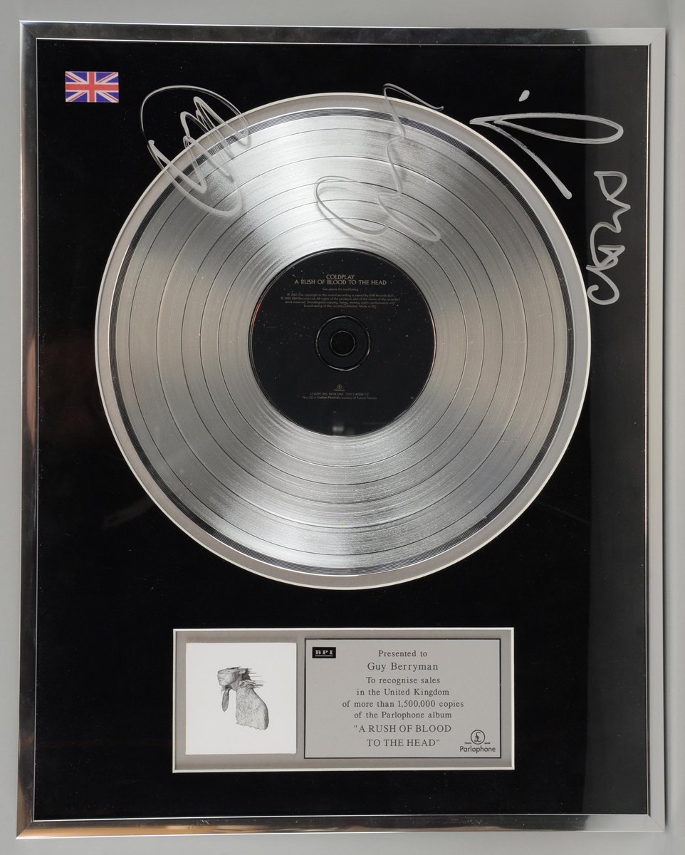 EwbankAuctions's tweet photo. How about this lot, Coldplay Platinum Disc signed by the band, thank you @coldplay, currently at £700 @Give4Greg:  https://t.co/TAoOiwNmGP https://t.co/acZoy431aN