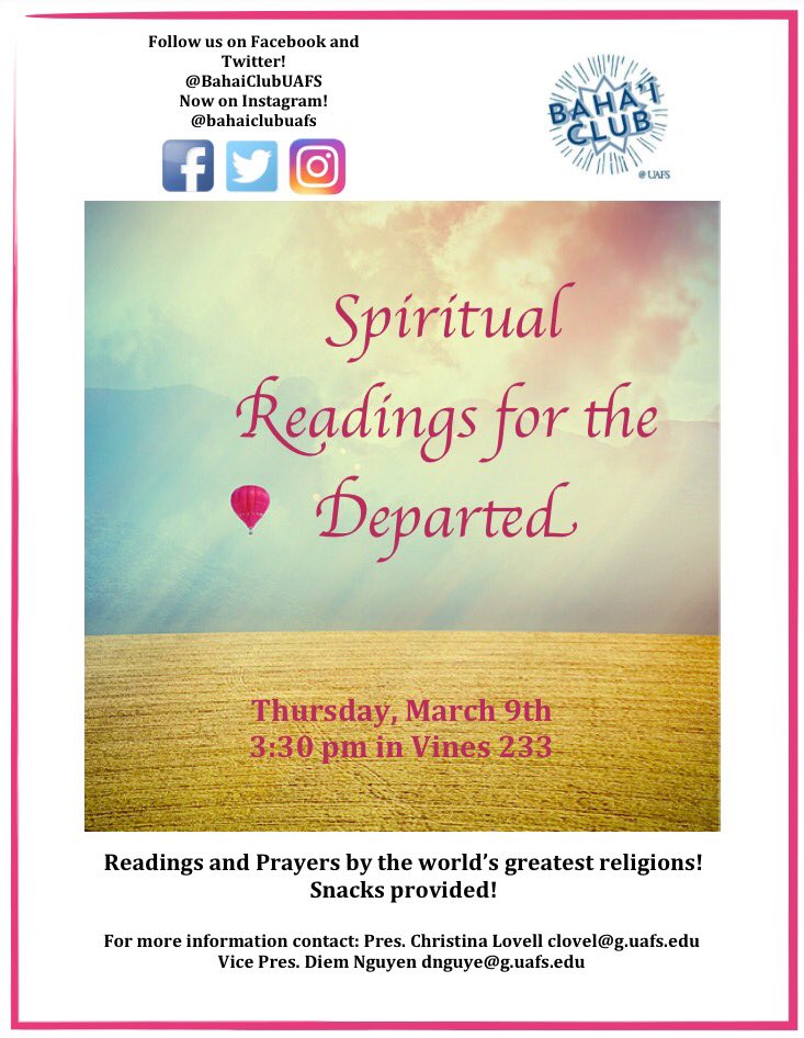 BahaiClubUAFS's tweet photo. Don't forget tomorrow's meeting at 3:30 in Vines 233! Readings will be in honor of those who have departed. You don't want to miss it! https://t.co/HBgPaD0FdB