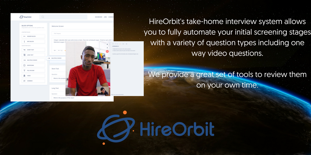 HireOrbitHQ's tweet photo. Any one, any where, any time. HireOrbit's take-home interviews allow for efficient screening during any stage of the hiring process. #hrtech https://t.co/kM1XsjQWvp
