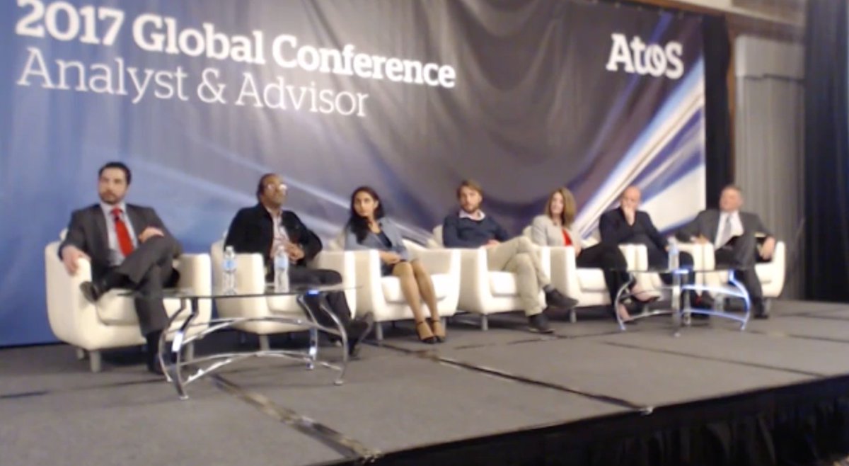 benjamingourdon's tweet photo. @DavidHoussemand on stage at #Atos2017GlobalConference in Boston with Analysts &amp; Advisors #CoInnovation Panel talking about #PerformerForSAP https://t.co/BYiwLTmqEV