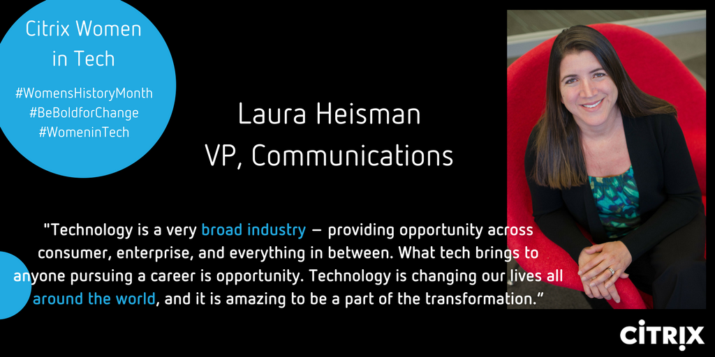 CitrixCareers's tweet photo. In honor of #WomensHistoryMonth @Citrix is celebrating our own #WomeninTech.1st up, @LauraHeisman 
#BeBoldForChange 
https://t.co/gKHFHdGwoa https://t.co/RospvNPH3n