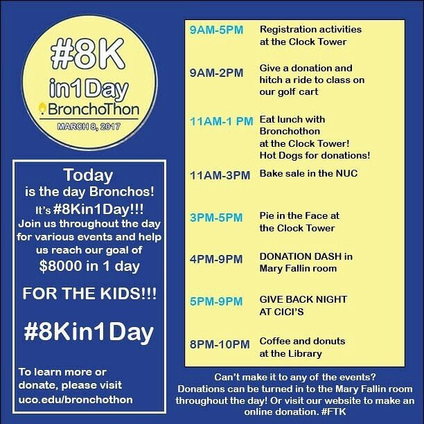 <a href="/BronchoThon/">UCO BronchoThon</a> has a full day of events and activities! I hope you will help us raise money For the Kids. #FTK #8Kin1Day #UCO