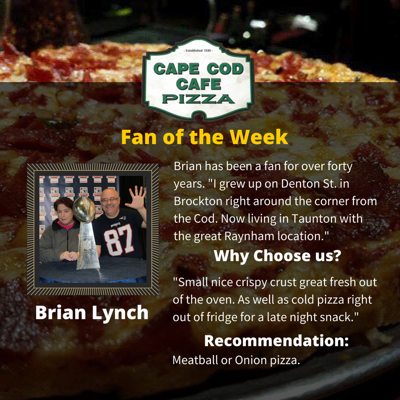 CapeCodCafe's tweet photo. Congratulations Brian Lynch for being our #fanoftheweek. Thank you for being our fan for over 40 years. #CapeCodCafe #MeatballPizza https://t.co/weNCodZwIV